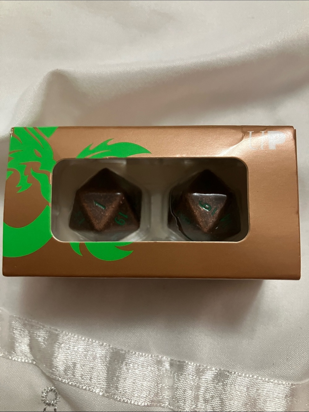 Metallic Copper D20 Pair with Bright Green Numerals – Gaming Dice Set